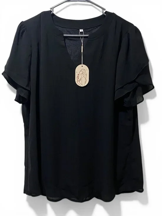 Black Ruffle Sleeve Chiffon Blouse L Lightweight & Elegant NWT - Picture 1 of 9